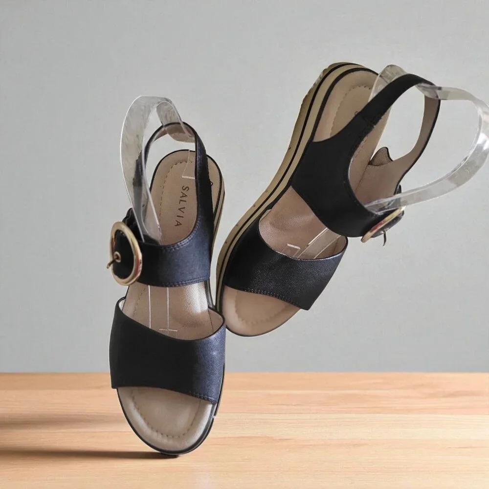 SALVIA ARLO Black Sandal Gold Buckle Detail Size ‎  EU 38 - Picture 2 of 12